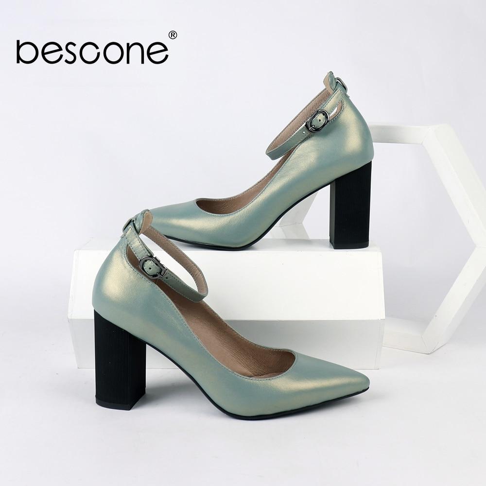 BESCONE  Genuine Leather Square Heel Pumps