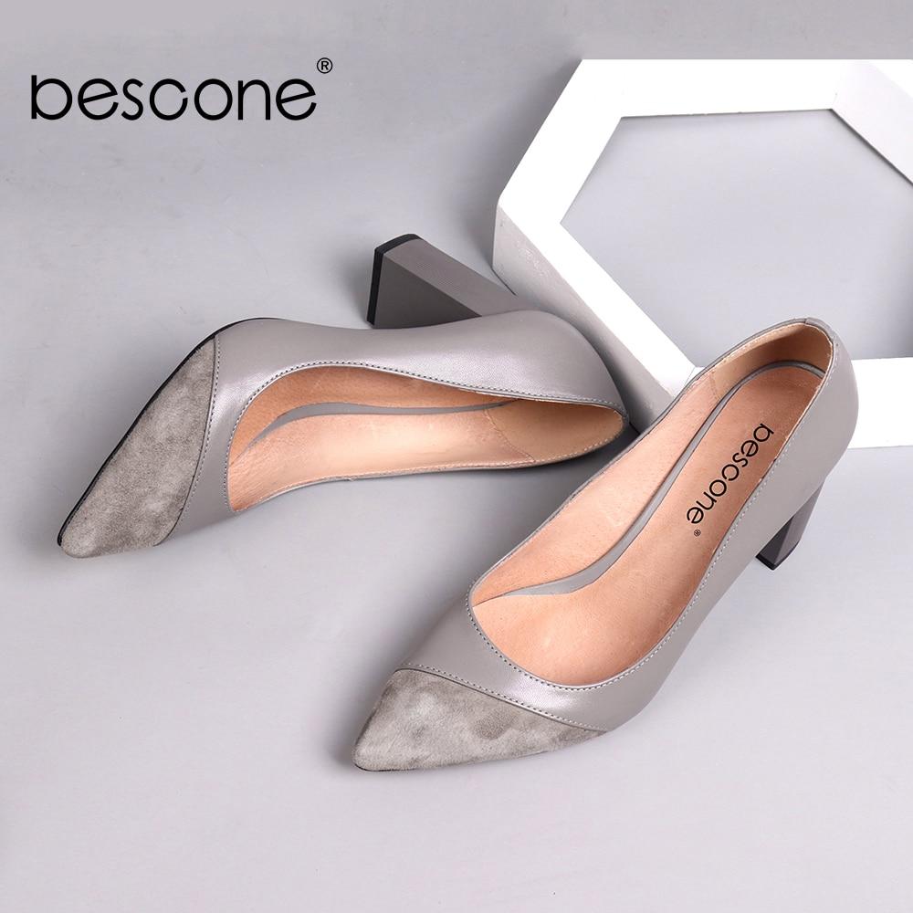 BESCONE Genuine Leather Pointed Toe Pumps BC141