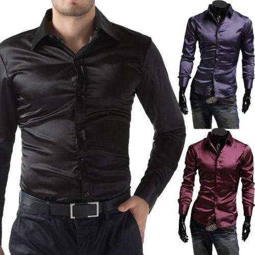 2119 New Style Fashion Hot Men's Silk Dress Shirt Solid Long Sleeve Casual Formal Button Silk Shirts